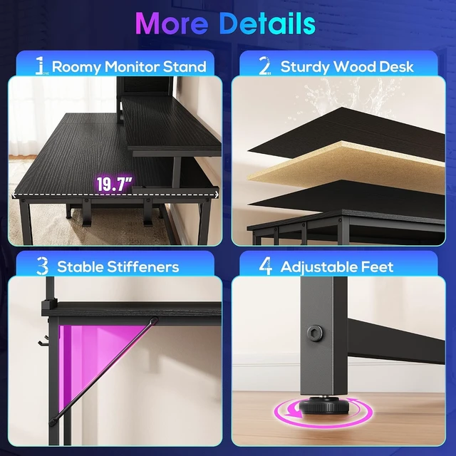 Alt view image 4 of 7 - 55" Black Computer Desk with 2 Acrylic Cabinet & 3 Fabric Drawers, Integrates Ample Storage & Display, Great Fit for Small Spaces, Outlets Suitable for Studying, Working & Gaming Equipments