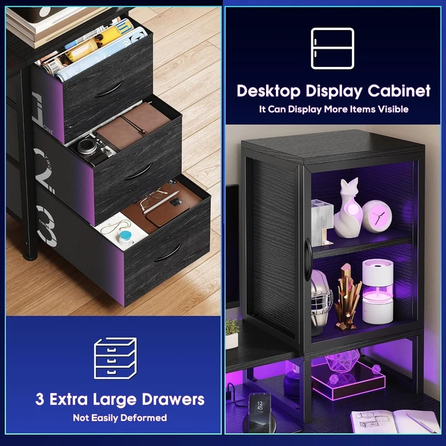 Alt view image 6 of 7 - 55" Black Computer Desk with 2 Acrylic Cabinet & 3 Fabric Drawers, Integrates Ample Storage & Display, Great Fit for Small Spaces, Outlets Suitable for Studying, Working & Gaming Equipments