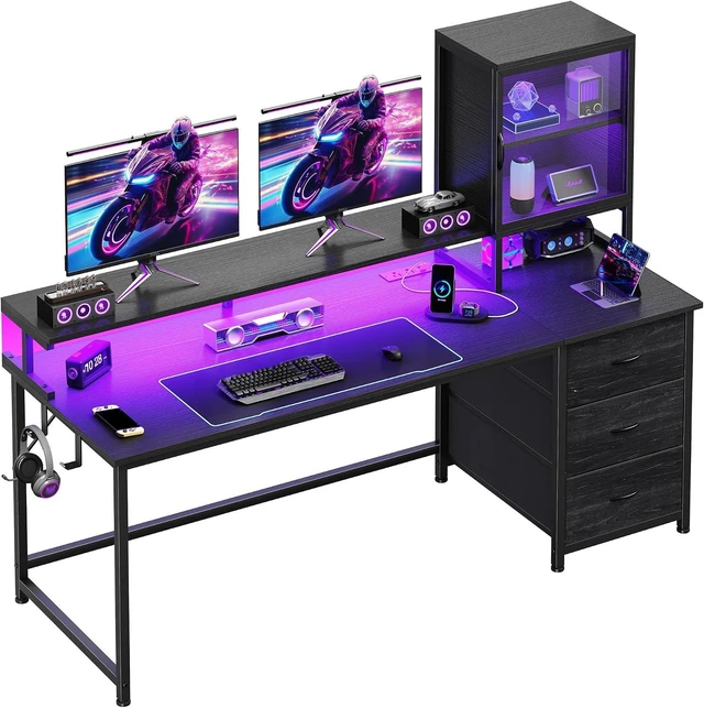 Main image of 55" Black Computer Desk with 2 Acrylic Cabinet & 3 Fabric Drawers, Integrates Ample Storage & Display, Great Fit for Small Spaces, Outlets Suitable for Studying, Working & Gaming Equipments