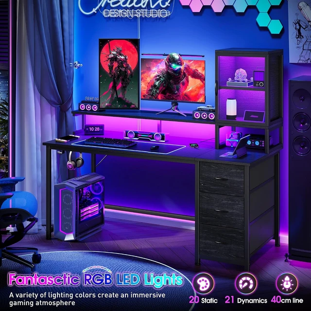 Alt view image 7 of 7 - 55" Black Computer Desk with 2 Acrylic Cabinet & 3 Fabric Drawers, Integrates Ample Storage & Display, Great Fit for Small Spaces, Outlets Suitable for Studying, Working & Gaming Equipments