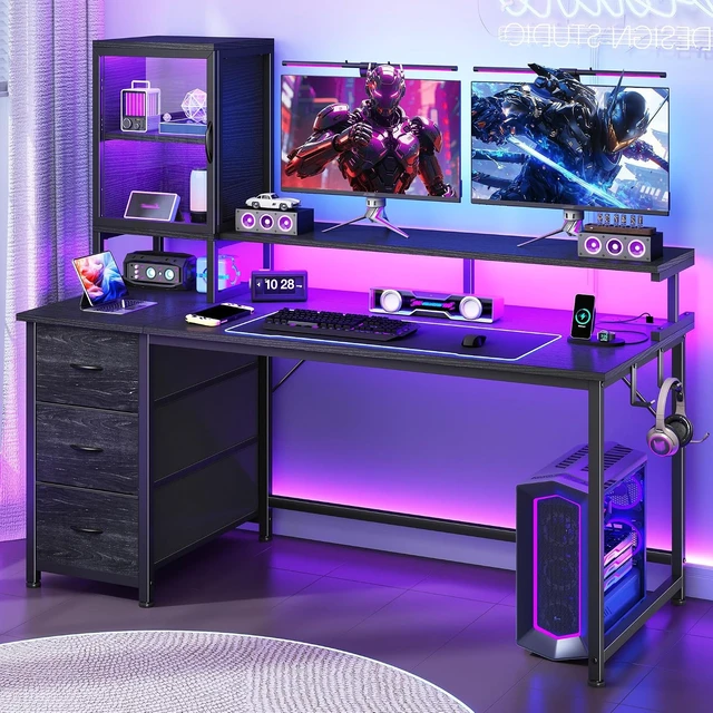 Alt view image 5 of 7 - 55" Black Computer Desk with 2 Acrylic Cabinet & 3 Fabric Drawers, Integrates Ample Storage & Display, Great Fit for Small Spaces, Outlets Suitable for Studying, Working & Gaming Equipments