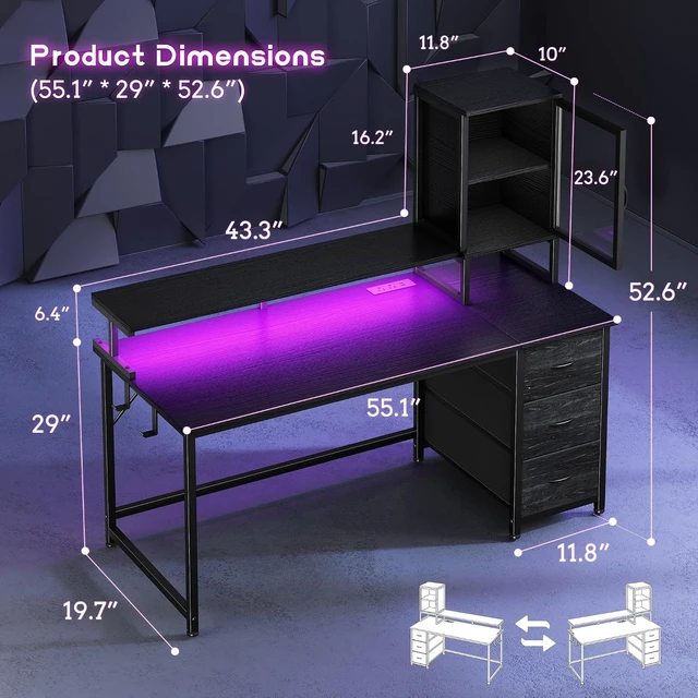 Alt view image 2 of 7 - 55" Black Computer Desk with 2 Acrylic Cabinet & 3 Fabric Drawers, Integrates Ample Storage & Display, Great Fit for Small Spaces, Outlets Suitable for Studying, Working & Gaming Equipments