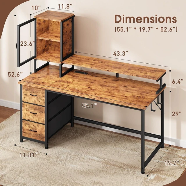 Alt view image 2 of 7 - 55" Black Computer Desk with 2 Acrylic Cabinet & 3 Fabric Drawers, Integrates Ample Storage & Display, Great Fit for Small Spaces, Outlets Suitable for Studying, Working & Gaming Equipments