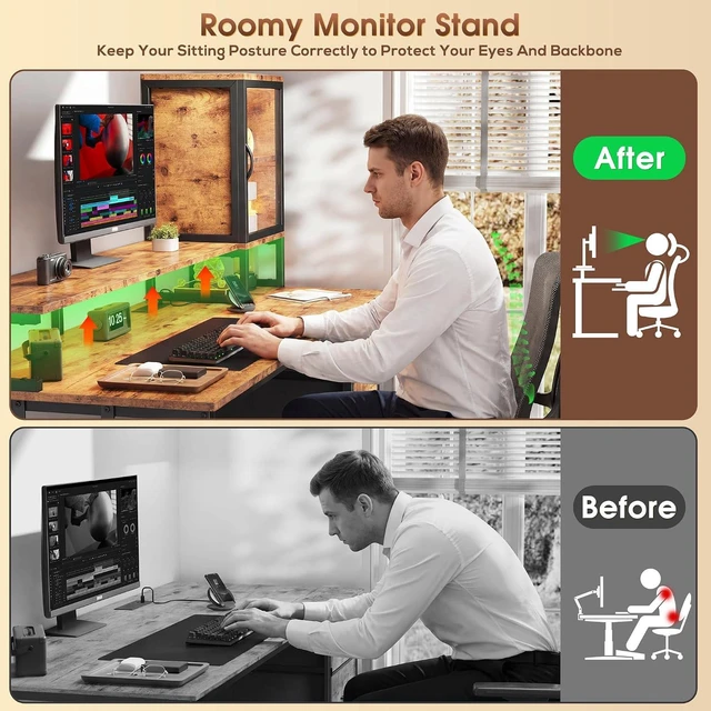 Alt view image 5 of 7 - 55" Black Computer Desk with 2 Acrylic Cabinet & 3 Fabric Drawers, Integrates Ample Storage & Display, Great Fit for Small Spaces, Outlets Suitable for Studying, Working & Gaming Equipments