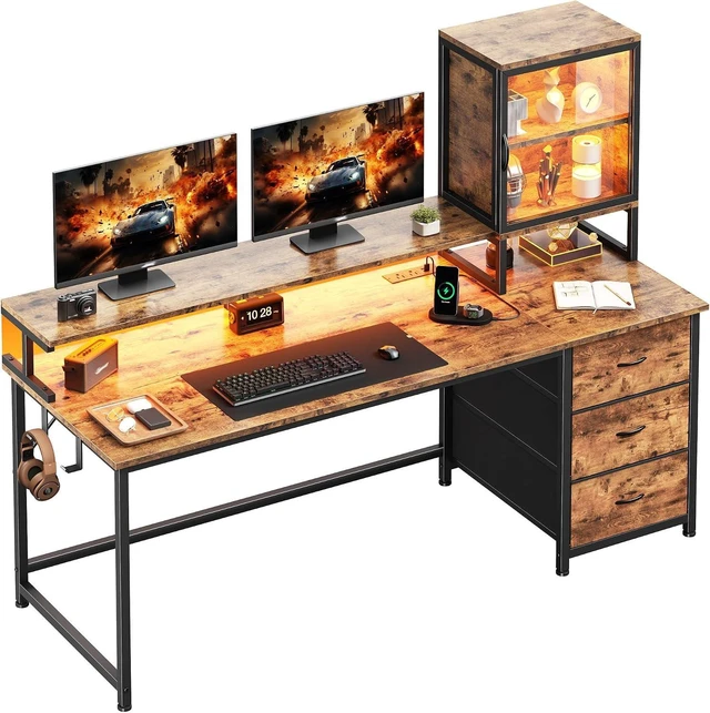 Main image of 55" Black Computer Desk with 2 Acrylic Cabinet & 3 Fabric Drawers, Integrates Ample Storage & Display, Great Fit for Small Spaces, Outlets Suitable for Studying, Working & Gaming Equipments