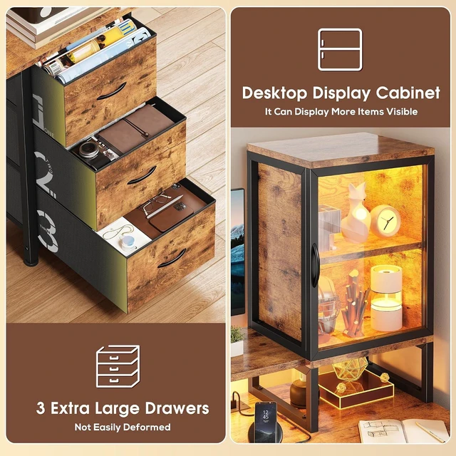 Alt view image 7 of 7 - 55" Black Computer Desk with 2 Acrylic Cabinet & 3 Fabric Drawers, Integrates Ample Storage & Display, Great Fit for Small Spaces, Outlets Suitable for Studying, Working & Gaming Equipments