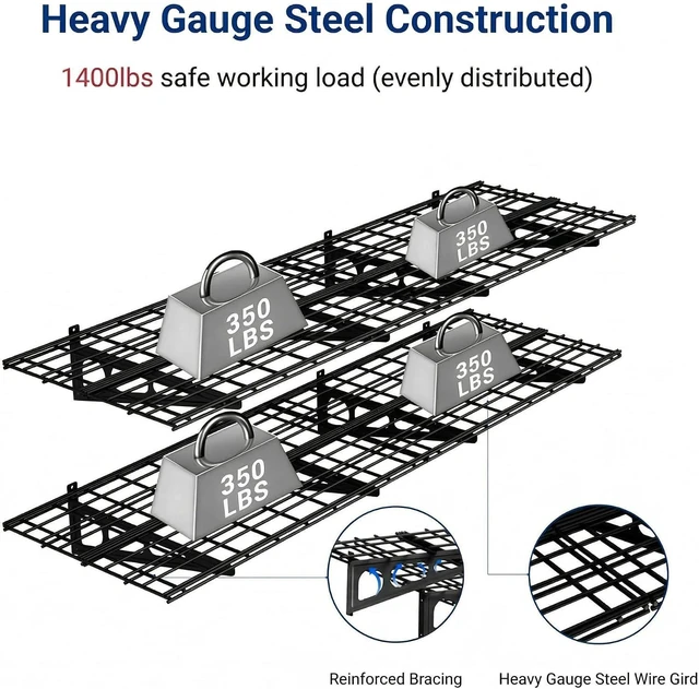 Alt view image 5 of 7 - 2-Pack 2x6ft Garage Shelving with Hooks, 1400lbs Load, Black 24"x72" Wall Shelf Garage Storage Rack Floating Shelves for Garage Workshop, Rustproof Seamless Grid Design, Classic Series