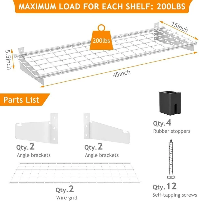 Alt view image 2 of 7 - 15x45 Garage Wall Mount Shelves Heavy Duty Storage Shelves 2-Pack Garage Storage Rack Floating Shelves Max Load 400lb White