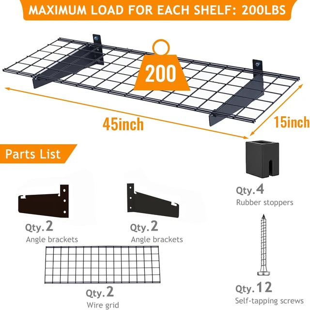 Alt view image 5 of 7 - 15x45 Garage Wall Mount Shelves Heavy Duty Storage Shelves 2-Pack Garage Storage Rack Floating Shelves Max Load 400lb Black