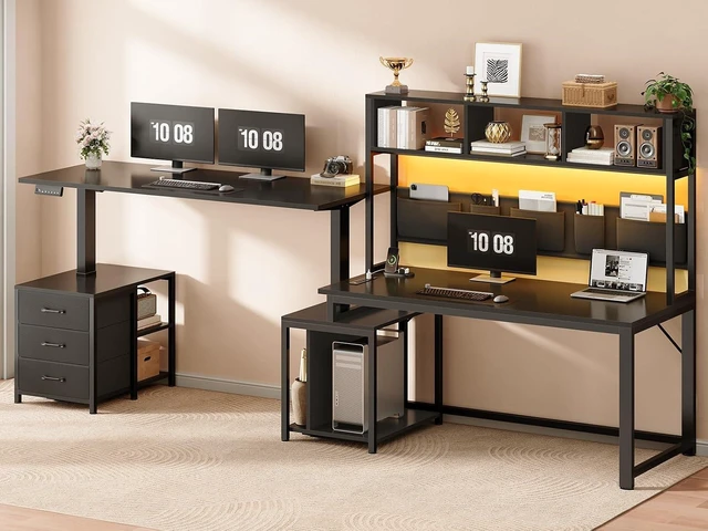 Alt view image 3 of 7 - L Shaped Electric Standing Gaming Desk with 3 Drawer,LED Light, 94.5" Reversible Height Adjustable Desk with CPU Stand & Storage Bag, Corner Desk with Power Outlet & Display Cubbies