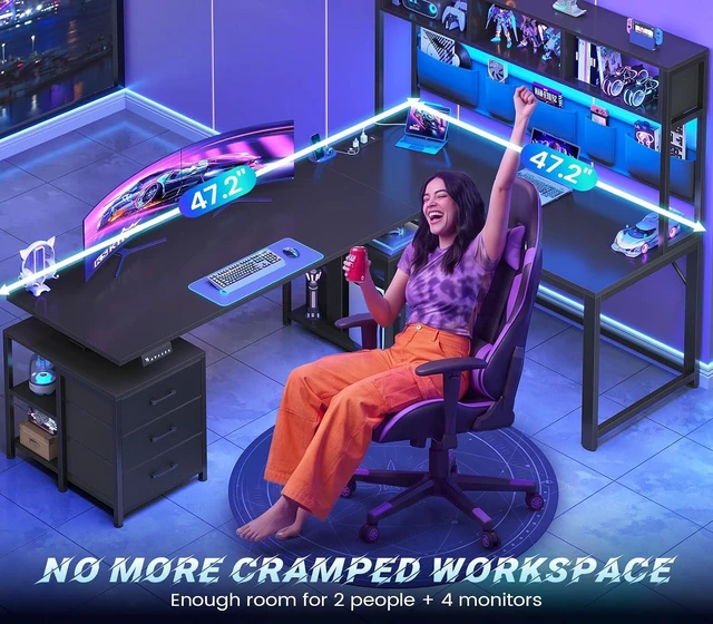 Alt view image 5 of 7 - L Shaped Electric Standing Gaming Desk with 3 Drawer,LED Light, 94.5" Reversible Height Adjustable Desk with CPU Stand & Storage Bag, Corner Desk with Power Outlet & Display Cubbies