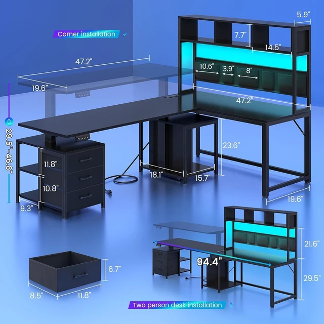 Alt view image 2 of 7 - L Shaped Electric Standing Gaming Desk with 3 Drawer,LED Light, 94.5" Reversible Height Adjustable Desk with CPU Stand & Storage Bag, Corner Desk with Power Outlet & Display Cubbies