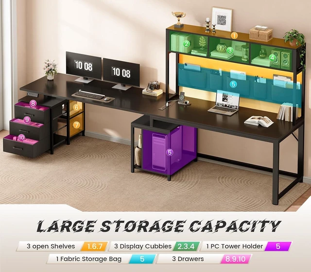Alt view image 6 of 7 - L Shaped Electric Standing Gaming Desk with 3 Drawer,LED Light, 94.5" Reversible Height Adjustable Desk with CPU Stand & Storage Bag, Corner Desk with Power Outlet & Display Cubbies