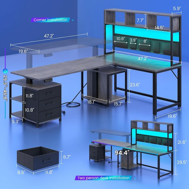 Alt view image 2 of 7 - L Shaped Electric Standing Gaming Desk with 3 Drawer,LED Light, 94.5" Reversible Height Adjustable Desk with CPU Stand & Storage Bag, Corner Desk with Power Outlet & Display Cubbies