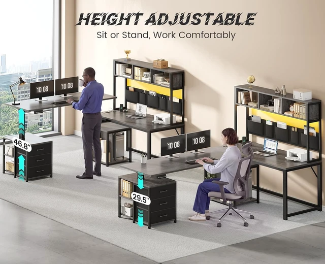 Alt view image 3 of 7 - L Shaped Electric Standing Gaming Desk with 3 Drawer,LED Light, 94.5" Reversible Height Adjustable Desk with CPU Stand & Storage Bag, Corner Desk with Power Outlet & Display Cubbies