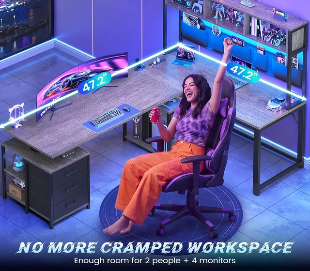 Alt view image 5 of 7 - L Shaped Electric Standing Gaming Desk with 3 Drawer,LED Light, 94.5" Reversible Height Adjustable Desk with CPU Stand & Storage Bag, Corner Desk with Power Outlet & Display Cubbies