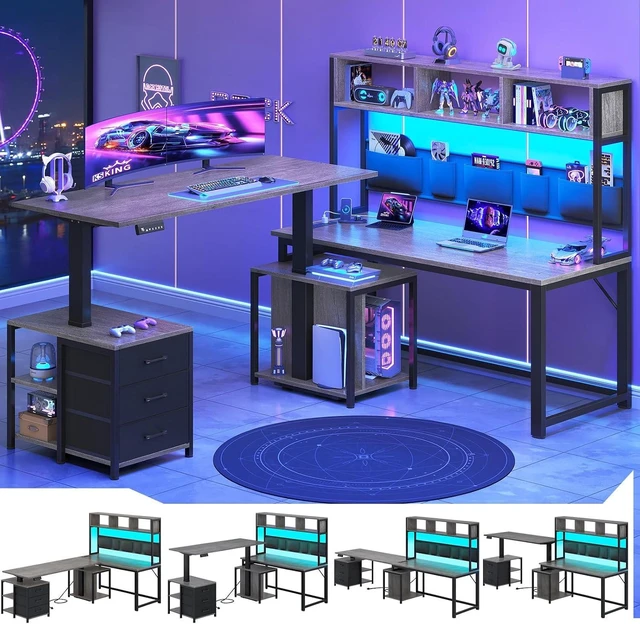 Main image of L Shaped Electric Standing Gaming Desk with 3 Drawer,LED Light, 94.5" Reversible Height Adjustable Desk with CPU Stand & Storage Bag, Corner Desk with Power Outlet & Display Cubbies