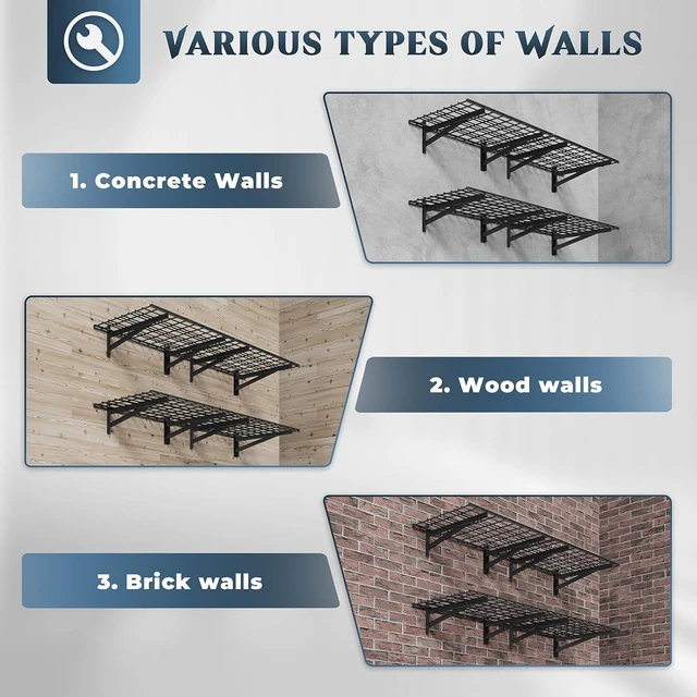 Alt view image 6 of 7 - 4 Pack Wall Mounted Garage Shelving, 2x3ft, 1400lbs Integrated Grid Heavy Duty Garage Wall Shelving, 24"x72" Garage Storage Rack Floating Shelves, Rustproof Black Coating for Garage Workshop
