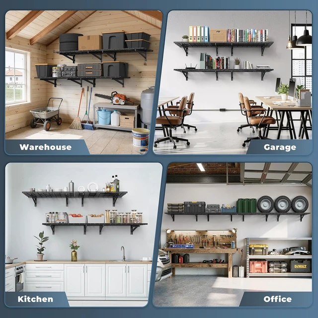 Alt view image 4 of 7 - 4 Pack Wall Mounted Garage Shelving, 2x3ft, 1400lbs Integrated Grid Heavy Duty Garage Wall Shelving, 24"x72" Garage Storage Rack Floating Shelves, Rustproof Black Coating for Garage Workshop