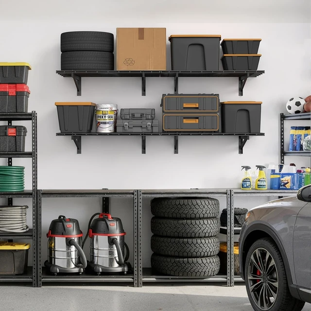 Alt view image 5 of 7 - 4 Pack Wall Mounted Garage Shelving, 2x3ft, 1400lbs Integrated Grid Heavy Duty Garage Wall Shelving, 24"x72" Garage Storage Rack Floating Shelves, Rustproof Black Coating for Garage Workshop