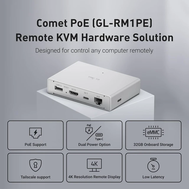 Alt view image 6 of 6 - Comet PoE Remote KVM GL-RM1PE with Tailscale 4K Streaming, PoE and Type-C dual power supply, 32GB built-in eMMC, remote BIOS reinstall, USB interface for ATX and Fingerbot, 4K at 30FPS