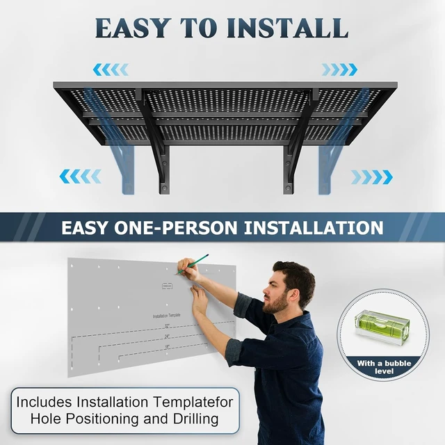 Alt view image 7 of 7 - 2 Pack Garage Shelving Wall Mounted, 2x3ft, 700LBS Integrated Grid Heavy Duty Garage Wall Shelving, 24"x72" Garage Storage Rack Floating Shelves, Rustproof Black Coating for Garage Workshop