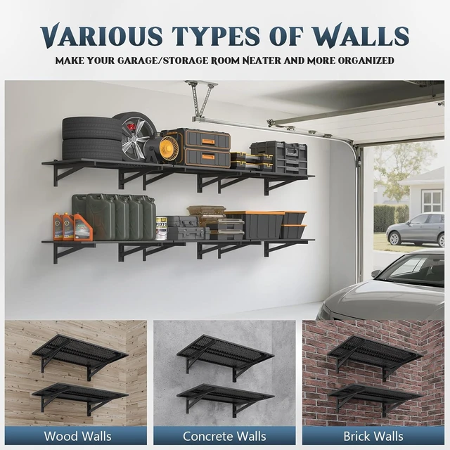 Alt view image 6 of 7 - 2 Pack Garage Shelving Wall Mounted, 2x3ft, 700LBS Integrated Grid Heavy Duty Garage Wall Shelving, 24"x72" Garage Storage Rack Floating Shelves, Rustproof Black Coating for Garage Workshop