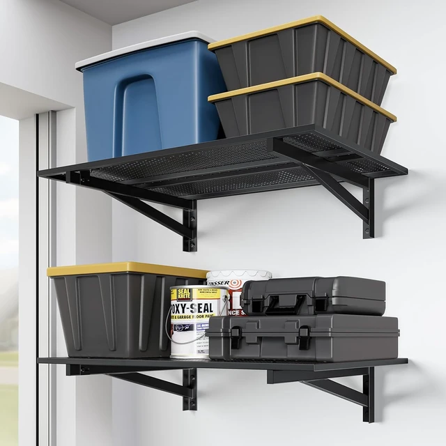 Alt view image 4 of 7 - 2 Pack Garage Shelving Wall Mounted, 2x3ft, 700LBS Integrated Grid Heavy Duty Garage Wall Shelving, 24"x72" Garage Storage Rack Floating Shelves, Rustproof Black Coating for Garage Workshop