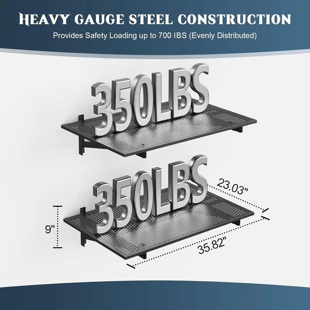 Alt view image 2 of 7 - 2 Pack Garage Shelving Wall Mounted, 2x3ft, 700LBS Integrated Grid Heavy Duty Garage Wall Shelving, 24"x72" Garage Storage Rack Floating Shelves, Rustproof Black Coating for Garage Workshop