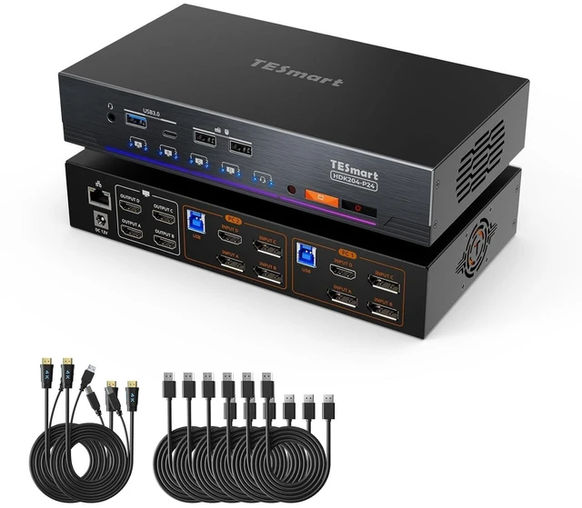 Main image of 4K@60Hz HDMI+DP KVM Switch 4 Monitors 2 Computers, Quad Monitor KVM, HDMI 2.0, DP 1.2, EDID, USB 3.0 5Gbps, 1G Ethernet, Audio&Mic, Hotkey/Mouse/IR/Button Switch, Quad-Screen or Mixed-PC Display