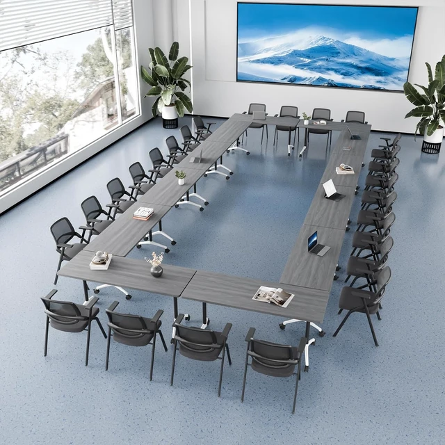 Alt view image 2 of 7 - 2PCS 47.2in Modular Folding Conference Training Room Table with Wheel, Space-Saving Flip Top Design, Silent Lockable 360° Casters, Multi-Scene Office Use, Freely Splicable Layout for 216 People, Grey