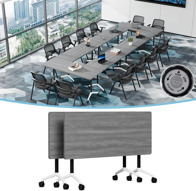 Main image of 2PCS 47.2in Modular Folding Conference Training Room Table with Wheel, Space-Saving Flip Top Design, Silent Lockable 360° Casters, Multi-Scene Office Use, Freely Splicable Layout for 216 People, Grey