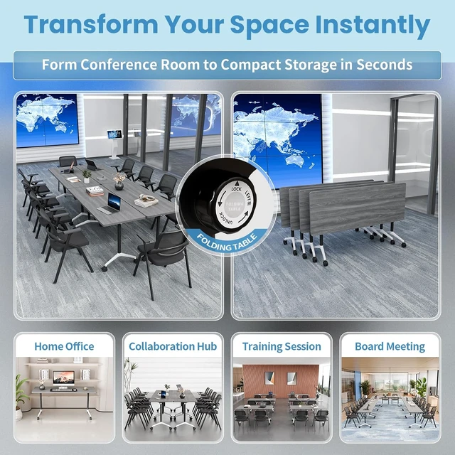 Alt view image 6 of 7 - 2PCS 47.2in Modular Folding Conference Training Room Table with Wheel, Space-Saving Flip Top Design, Silent Lockable 360° Casters, Multi-Scene Office Use, Freely Splicable Layout for 216 People, Grey