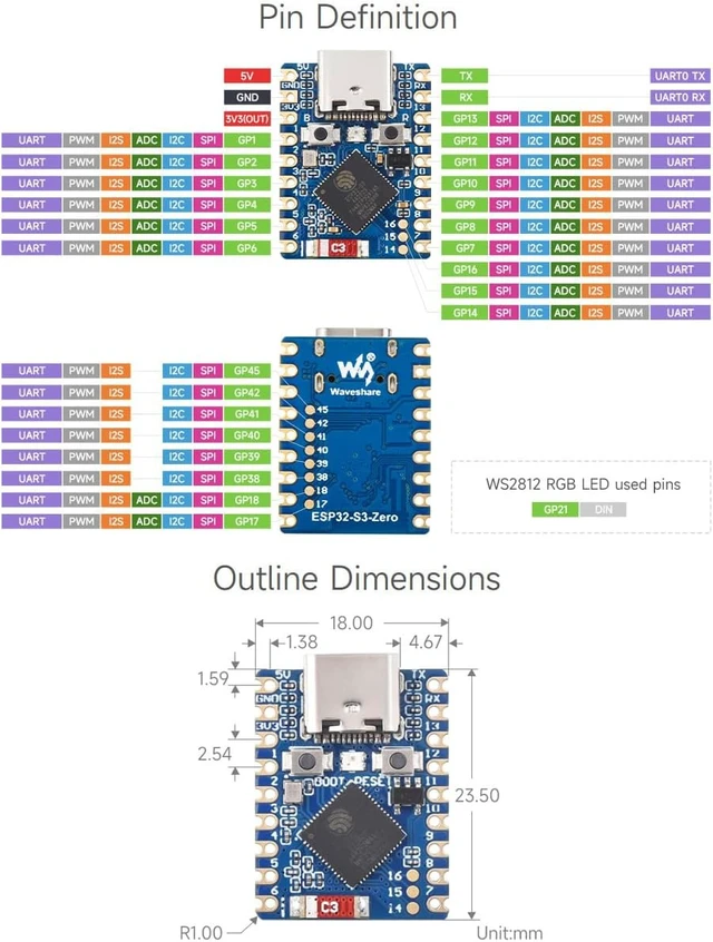 Alt view image 4 of 7 - 3PCS ESP32-S3 Mini Development Board, Based On ESP32-S3FH4R2, Onboard Multi-Function GPIO Pins, Dual-Core Processor, 240MHz Running Frequency, 2.4GHz Wi-Fi & BLE 5