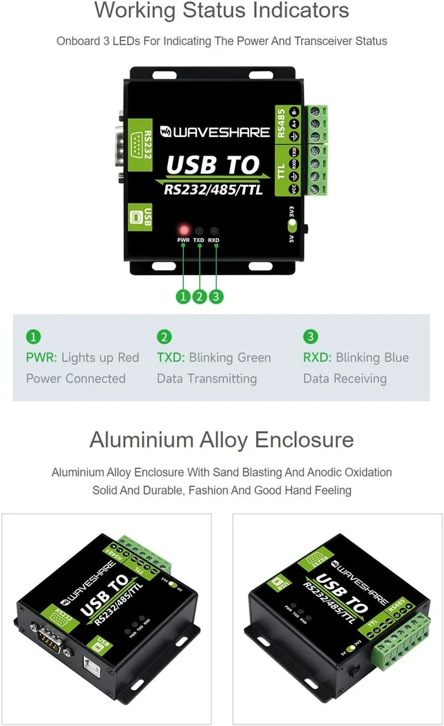 Alt view image 5 of 7 - Waveshare USB to RS232 / RS485 / TTL Industrial Isolated Converter with Original FT232RL Embedded Protection Circuits and Aluminium Alloy Enclosure for Industrial Control Equipments