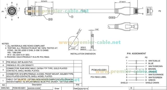 Alt view image 4 of 7 - M12 8Pin A Code Female to RJ45 Male Cable Bulkhead Panel Mount 1Gbps CAT6A Industrial Ethernet Cable IP67 Shielded for Profinet, EtherCAT, PLC, Robotics, GigE Vision Cameras(0.3m)
