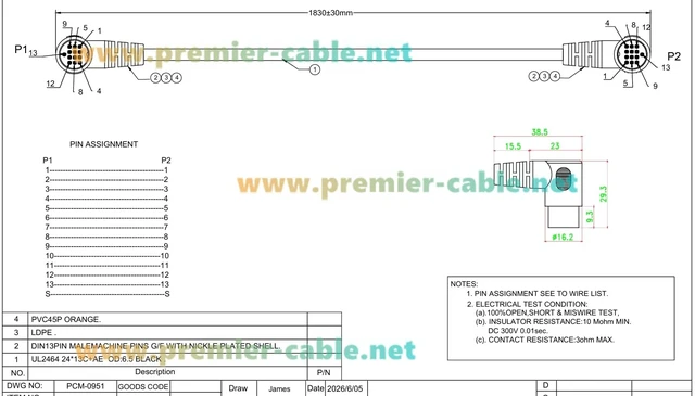 Alt view image 4 of 7 - Right Angle 13 Pin DIN Male to Male Cable DIN 13 Pin Electrical Signal Control Cable for PLC, CNC Machine, Robotics, Industrial Control Equipment (1.83M/6FT
