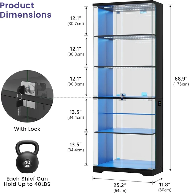 Alt view image 4 of 7 - Glass Display Cabinet with Doors and RGB LED Lights, 69" Tall Curio Cabinet, 5-Tier Wooden Shelves, Lockable Display Case, Motion Sensor, for Collectibles, Living Room, Black