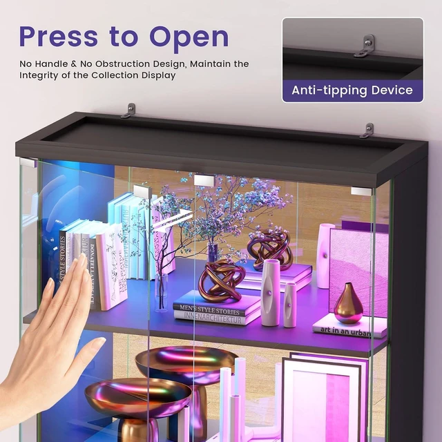 Alt view image 7 of 7 - Glass Display Cabinet with Doors and RGB LED Lights, 69" Tall Curio Cabinet, 5-Tier Wooden Shelves, Lockable Display Case, Motion Sensor, for Collectibles, Living Room, Black