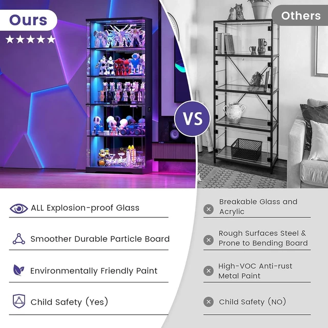 Alt view image 2 of 7 - Glass Display Cabinet with Doors and RGB LED Lights, 69" Tall Curio Cabinet, 5-Tier Wooden Shelves, Lockable Display Case, Motion Sensor, for Collectibles, Living Room, Black