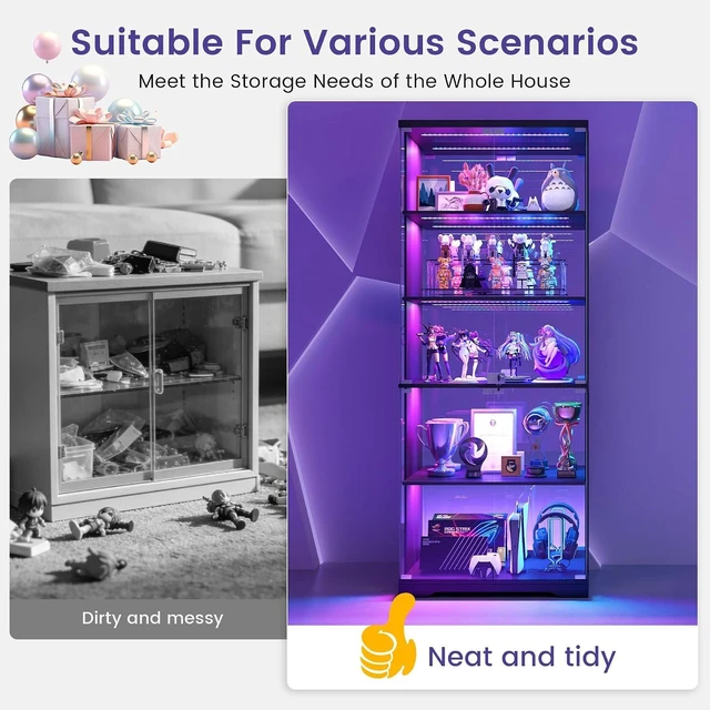 Alt view image 3 of 7 - Glass Display Cabinet with Doors and RGB LED Lights, 69" Tall Curio Cabinet, 5-Tier Wooden Shelves, Lockable Display Case, Motion Sensor, for Collectibles, Living Room, Black