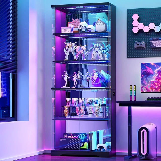 Main image of Glass Display Cabinet with Doors and RGB LED Lights, 69" Tall Curio Cabinet, 5-Tier Wooden Shelves, Lockable Display Case, Motion Sensor, for Collectibles, Living Room, Black