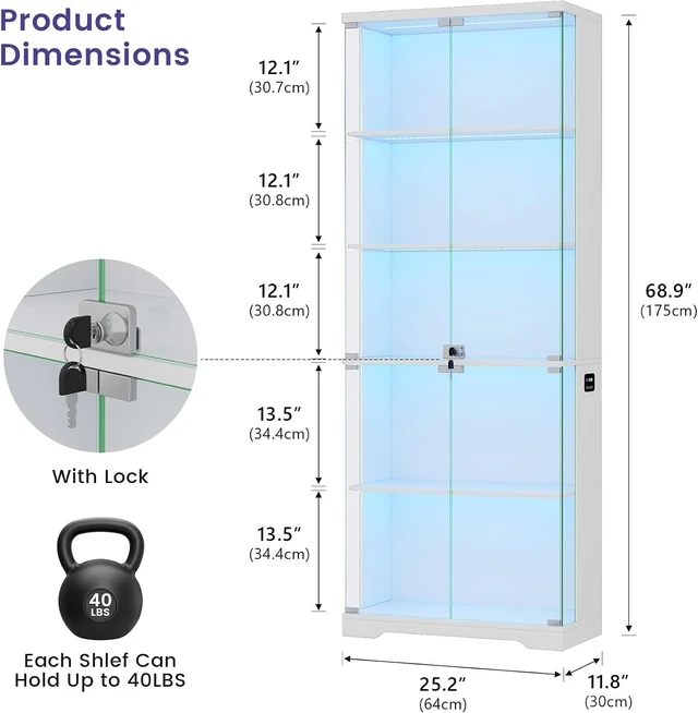 Alt view image 7 of 7 - Glass Display Cabinet with Doors and RGB LED Lights, 69" Tall Curio Cabinet, 5-Tier Wooden Shelves, Lockable Display Case, Motion Sensor, for Collectibles, Living Room, White