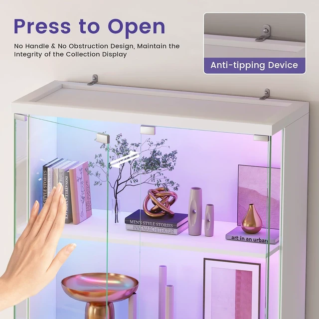 Alt view image 4 of 7 - Glass Display Cabinet with Doors and RGB LED Lights, 69" Tall Curio Cabinet, 5-Tier Wooden Shelves, Lockable Display Case, Motion Sensor, for Collectibles, Living Room, White