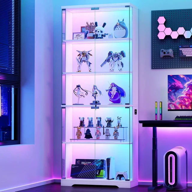 Main image of Glass Display Cabinet with Doors and RGB LED Lights, 69" Tall Curio Cabinet, 5-Tier Wooden Shelves, Lockable Display Case, Motion Sensor, for Collectibles, Living Room, White
