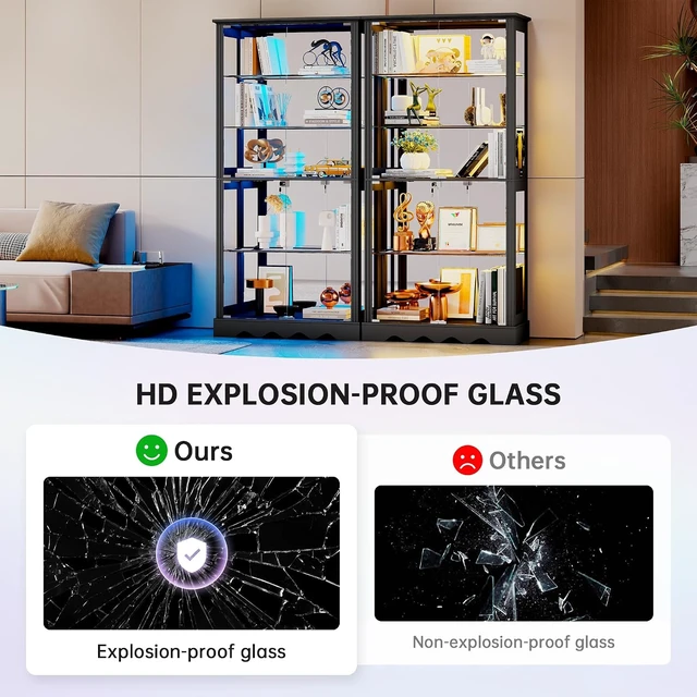 Alt view image 4 of 7 - Display Cabinet with Glass Doors, RGB Lights for Collectibles, 71'' Tall with Adjustable Shelves, Human Sensor LED Lighting Curio Cabinet, Black