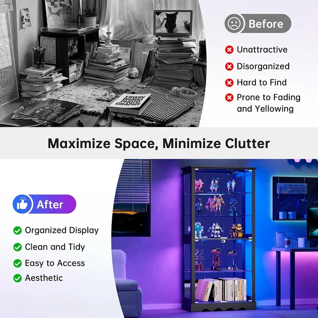 Alt view image 6 of 7 - Display Cabinet with Glass Doors, RGB Lights for Collectibles, 71'' Tall with Adjustable Shelves, Human Sensor LED Lighting Curio Cabinet, Black