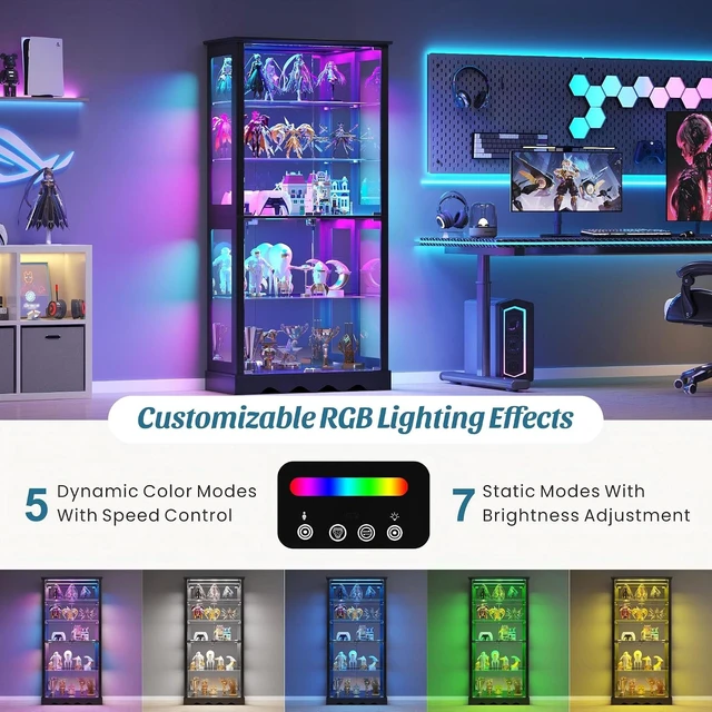 Alt view image 7 of 7 - Display Cabinet with Glass Doors, RGB Lights for Collectibles, 71'' Tall with Adjustable Shelves, Human Sensor LED Lighting Curio Cabinet, Black