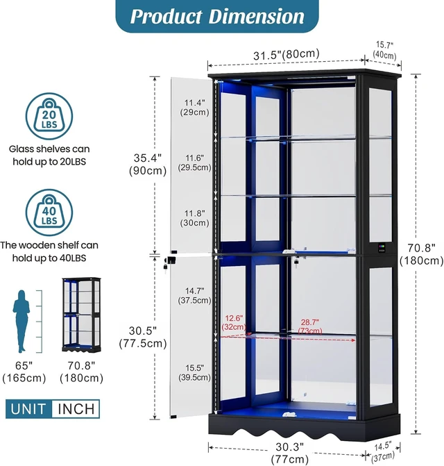 Alt view image 2 of 7 - Display Cabinet with Glass Doors, RGB Lights for Collectibles, 71'' Tall with Adjustable Shelves, Human Sensor LED Lighting Curio Cabinet, Black