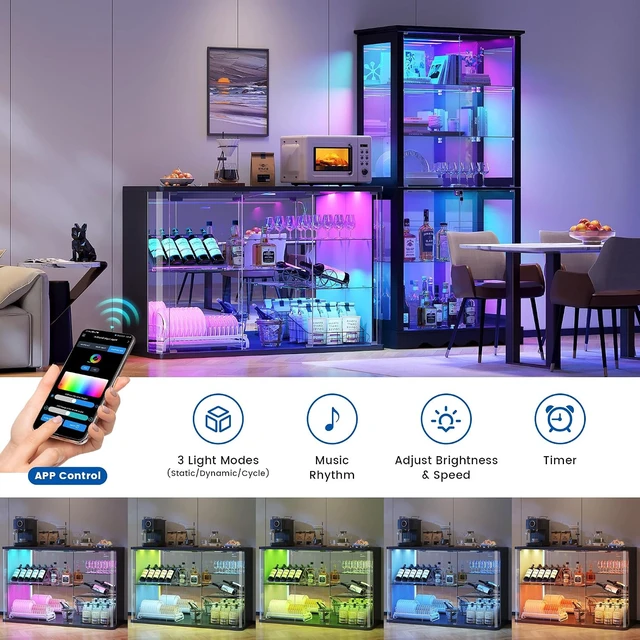 Alt view image 4 of 7 - LED Display Cabinet with Glass Doors, Human Sensor RGB Lights, Rounded Design LED Curio Cabinet for Collectibles, Black